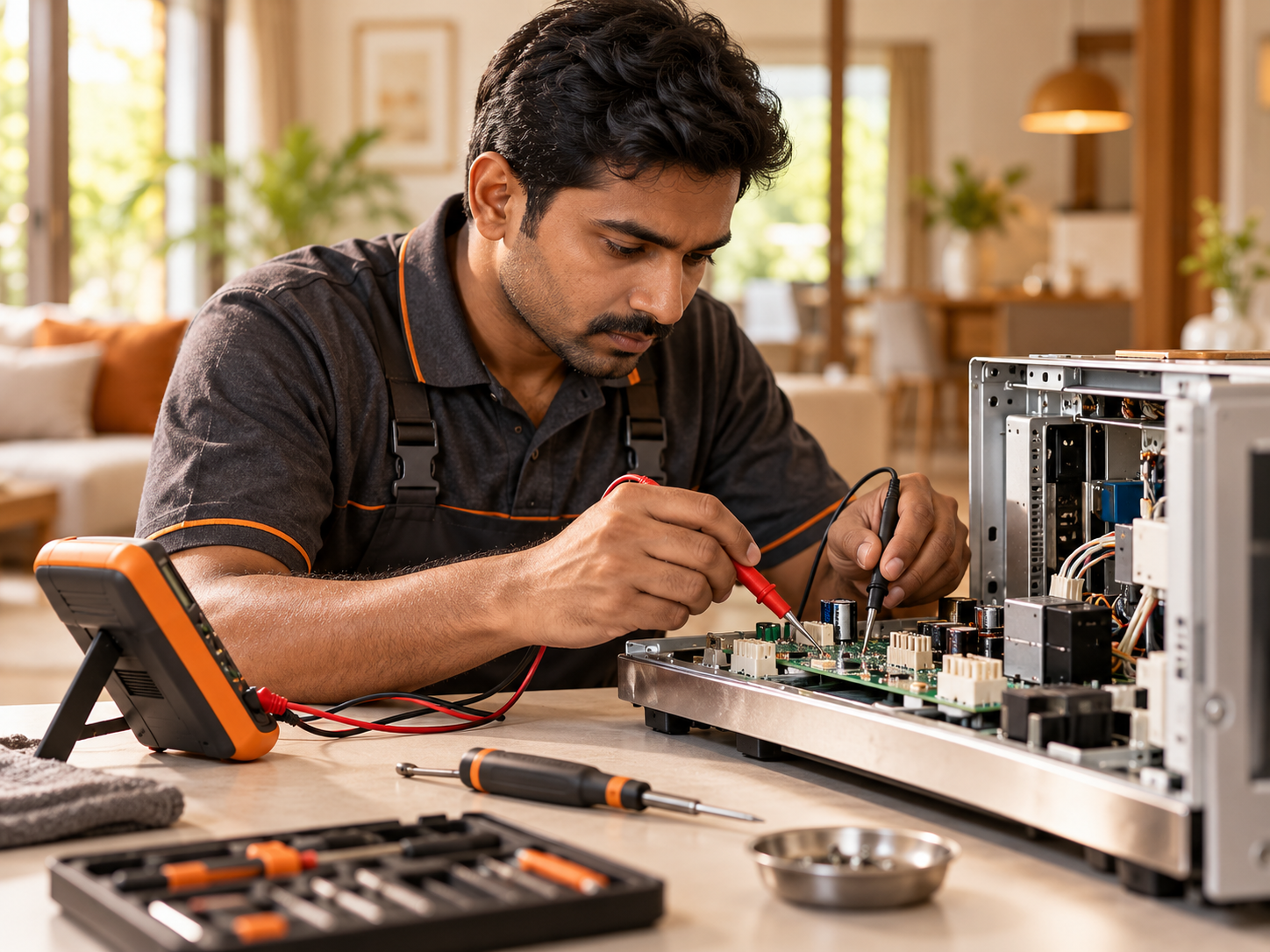 Technician diagnosing an appliance control board