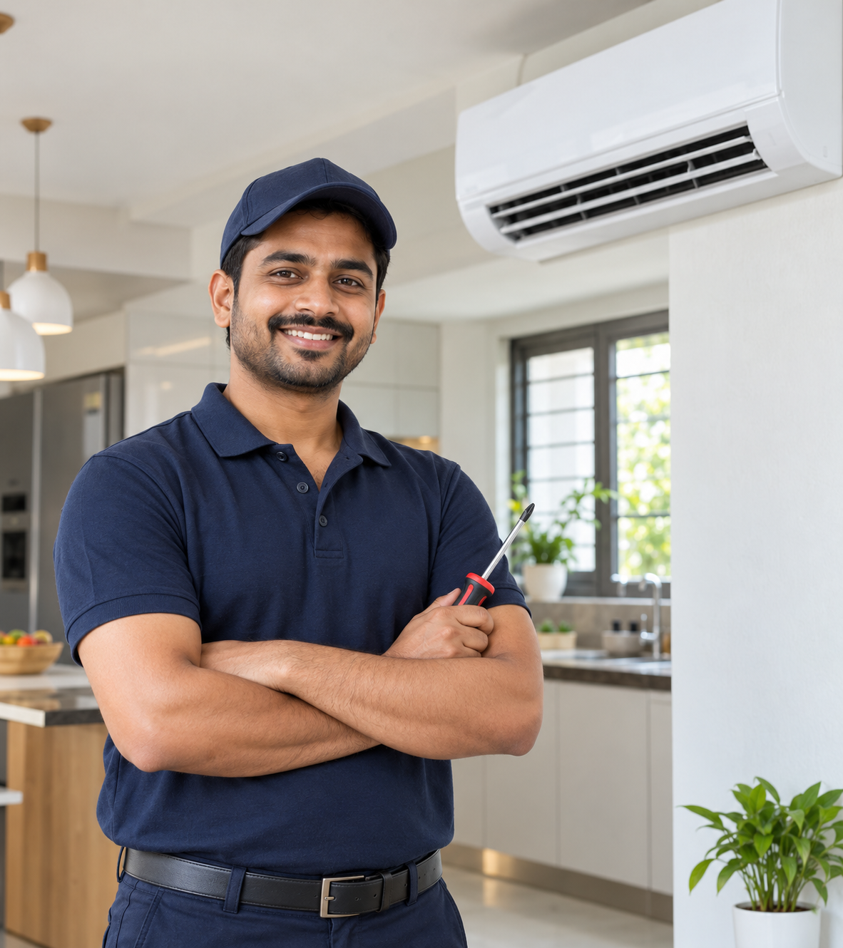 Appliance technician in a modern home